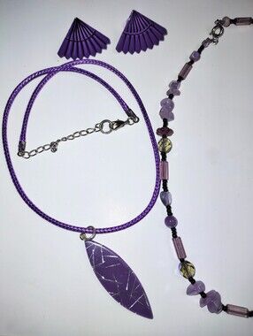 Purple Beaded Necklace & Clip Vintage Earrings Lot of 3